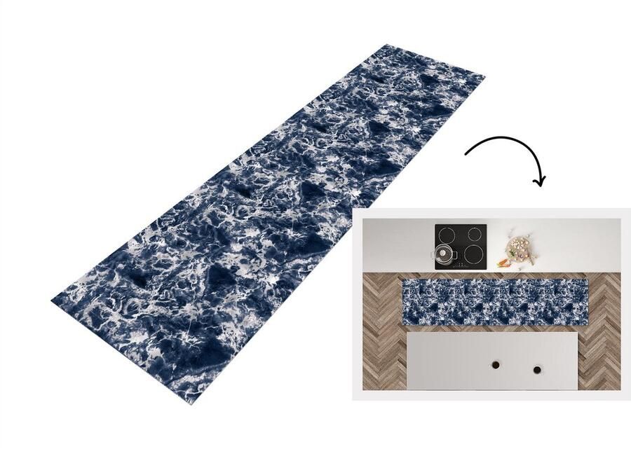 KitchenYeah Keukenloper Loper keuken Zilver Marmer Patronen Blauw 240x60 cm Keukenloper vinyl