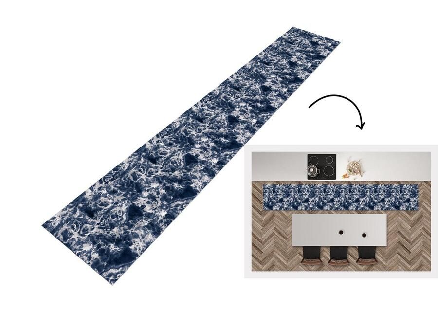 KitchenYeah Keukenloper Loper keuken Zilver Marmer Patronen Blauw 300x50 cm Keukenloper vinyl