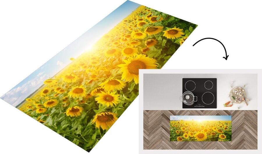 KitchenYeah Keukenloper Loper keuken Zonnebloem Zon Wolken 120x50 cm Keukenloper vinyl