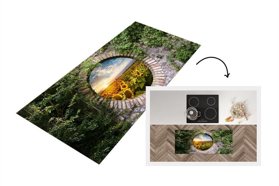 KitchenYeah Keukenloper Loper keuken Zonnebloemen Doorkijk Bloemen Zon 120x50 cm Keukenloper vinyl