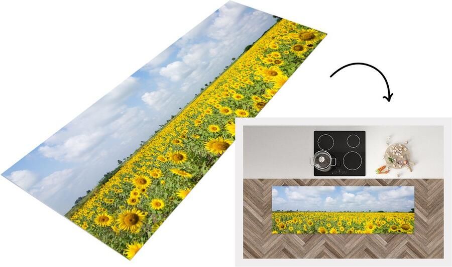 KitchenYeah Keukenloper Loper keuken Zonnebloemen Wolken Natuur 150x50 cm Keukenloper vinyl