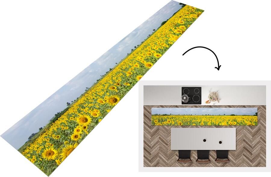 KitchenYeah Keukenloper Loper keuken Zonnebloemen Wolken Natuur 300x50 cm Keukenloper vinyl