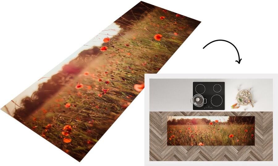 KitchenYeah Keukenloper Loper keuken Zonsondergang Bloemen Rood 150x50 cm Keukenloper vinyl
