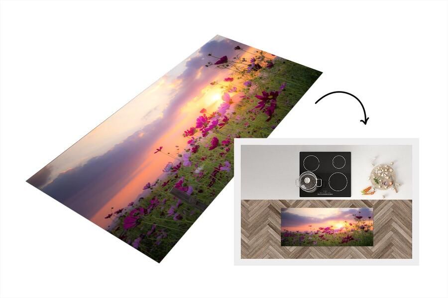 KitchenYeah Keukenloper Loper keuken Zonsondergang Bloemen Roze 120x50 cm Keukenloper vinyl