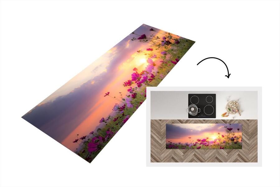 KitchenYeah Keukenloper Loper keuken Zonsondergang Bloemen Roze 180x60 cm Keukenloper vinyl