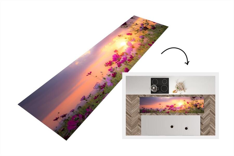 KitchenYeah Keukenloper Loper keuken Zonsondergang Bloemen Roze 240x60 cm Keukenloper vinyl