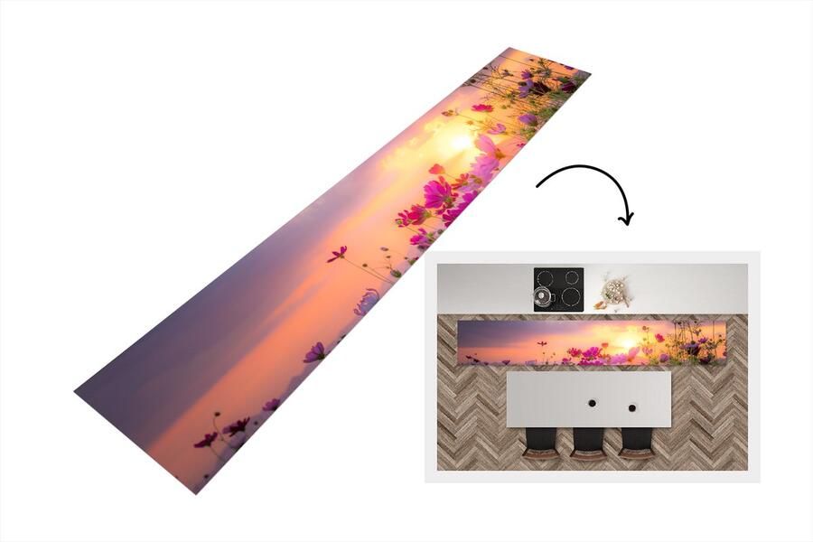 KitchenYeah Keukenloper Loper keuken Zonsondergang Bloemen Roze 300x50 cm Keukenloper vinyl