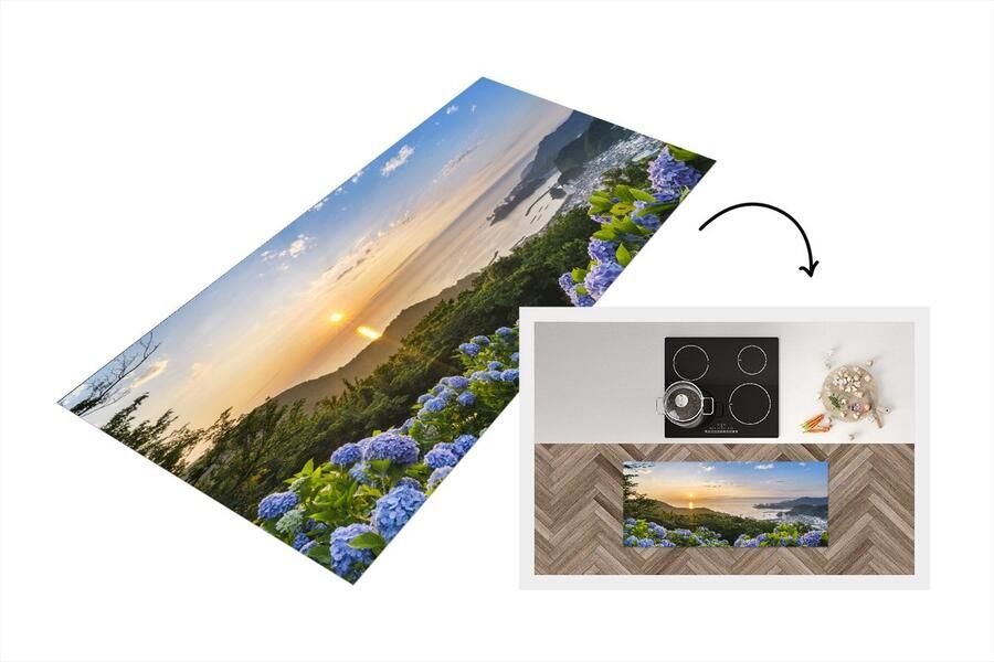 KitchenYeah Keukenloper Loper keuken Zonsondergang boven van hortensia bloemen 120x50 cm Keukenloper vinyl