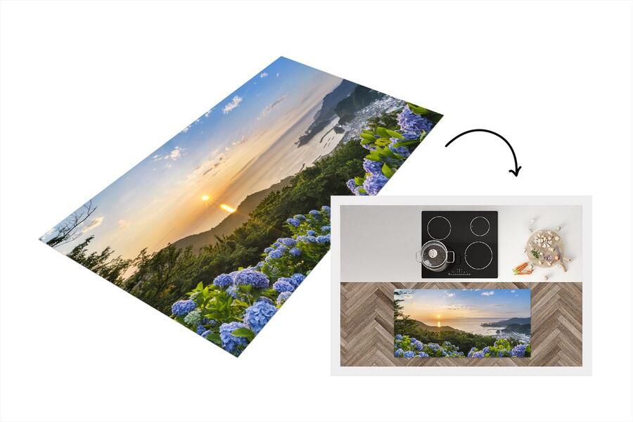 KitchenYeah Keukenloper Loper keuken Zonsondergang boven van hortensia bloemen 120x60 cm Keukenloper vinyl