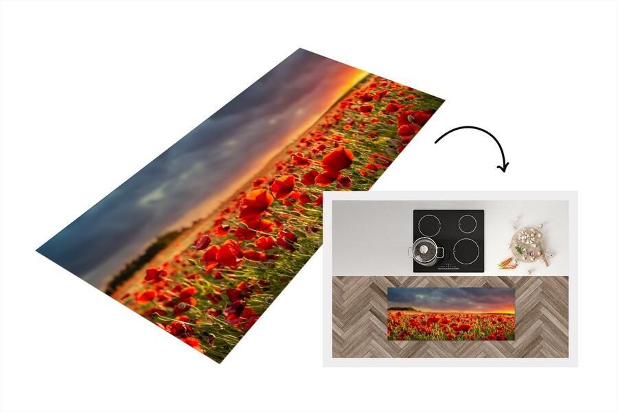 KitchenYeah Keukenloper Loper keuken Zonsondergang Klaprozen Rood 120x50 cm Keukenloper vinyl