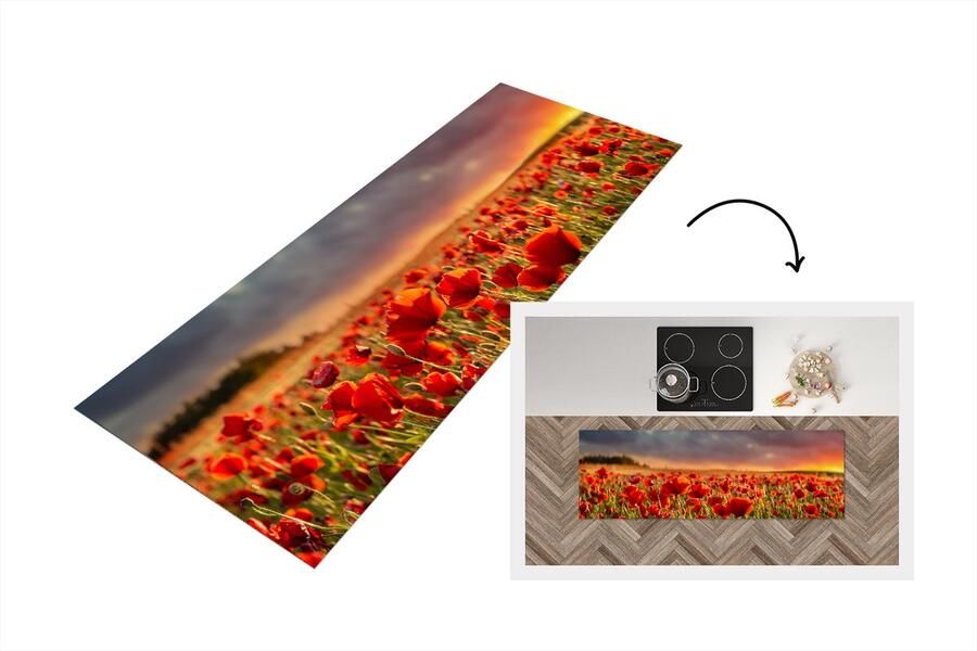 KitchenYeah Keukenloper Loper keuken Zonsondergang Klaprozen Rood 180x60 cm Keukenloper vinyl