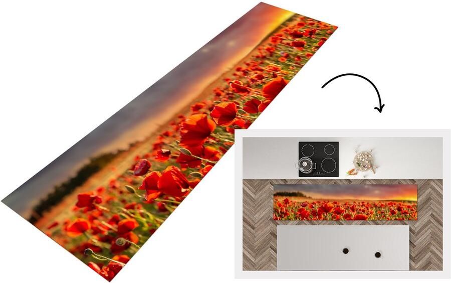KitchenYeah Keukenloper Loper keuken Zonsondergang Klaprozen Rood 240x60 cm Keukenloper vinyl