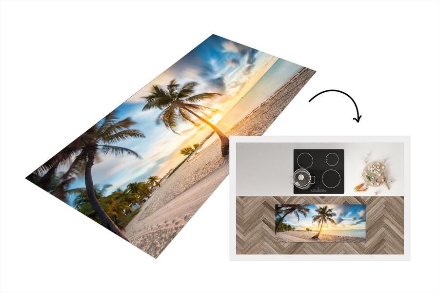 KitchenYeah Keukenloper Loper keuken Zonsondergang Strand Palmboom 120x50 cm Keukenloper vinyl