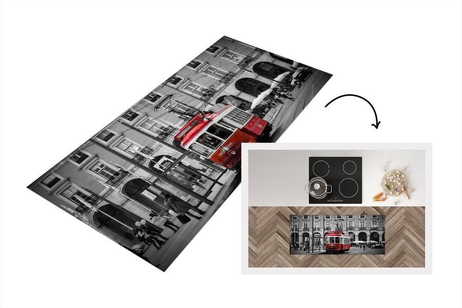 KitchenYeah Keukenloper Loper keuken Zwart-wit foto met een rode tram 120x50 cm Keukenloper vinyl