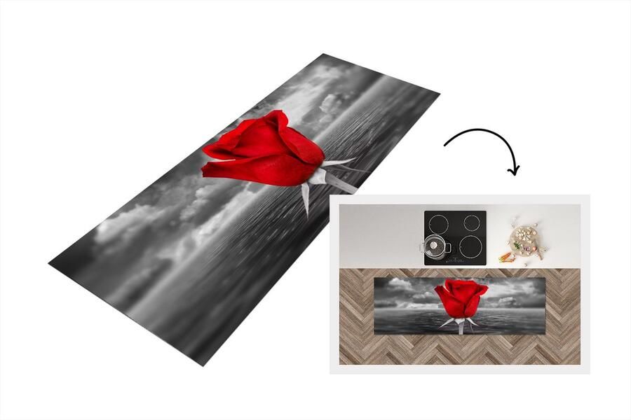KitchenYeah Keukenloper Loper keuken Zwart-wit foto van een rode roos zee en een bewolkte lucht 150x50 cm Keukenloper vinyl