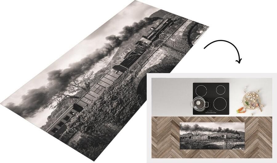 KitchenYeah Keukenloper Loper keuken Zwart-witte afbeelding van een Stoomlocomotief 120x50 cm Keukenloper vinyl