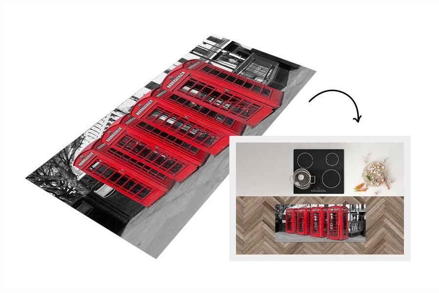 KitchenYeah Keukenloper Loper keuken Zwart-wit foto van vier rode telefooncellen 120x50 cm Keukenloper vinyl