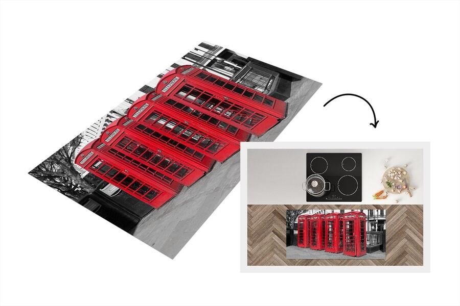 KitchenYeah Keukenloper Loper keuken Zwart-wit foto van vier rode telefooncellen 120x60 cm Keukenloper vinyl