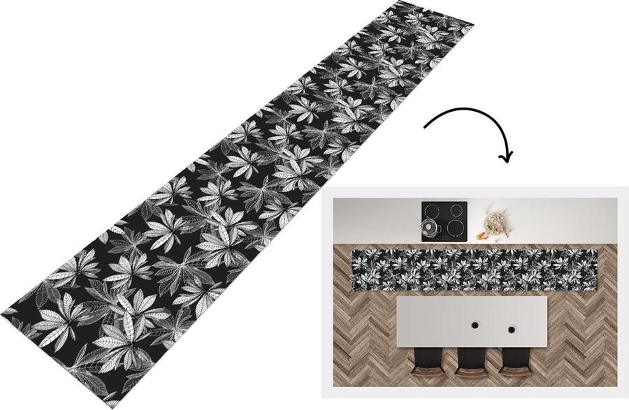 KitchenYeah Keukenloper Keukenmat Zwart Wit Patronen Bladeren Natuur 360x60 cm Keuken vloerkleed