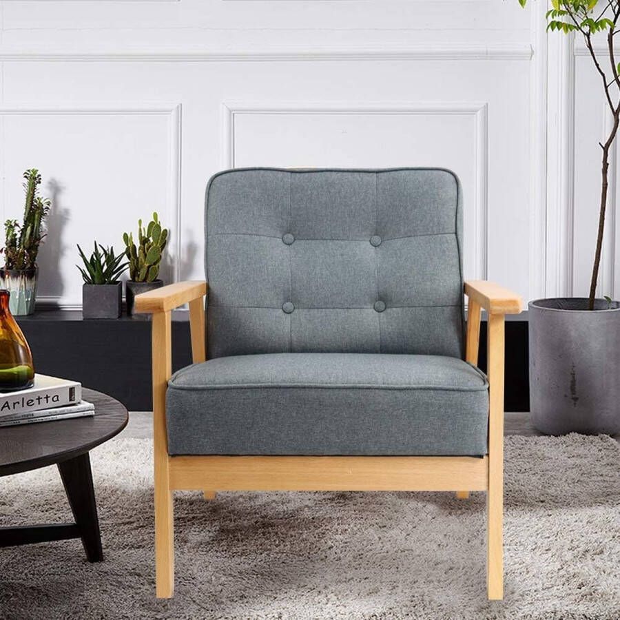 KKTONER Houten fauteuil met massief houten frame ligstoel houten stoel balkonstoel grijs