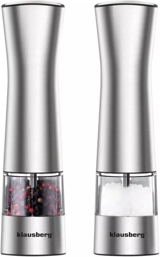 KLAUSBERG KB7610 Elektrische Peper- en Zoutmolen Met Verlichting en Keramisch Maalwerk Instelbare Maalfijnheid RVS Behuizing Werkt op 6x AAA Batterijen (niet inbegrepen)