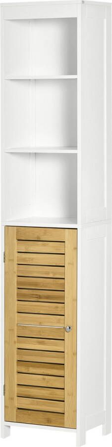 Kleankin badkamerkast badkamerplank 3 open vakken kastvak met bamboedeuren wit 35 x 27 x 171 cm