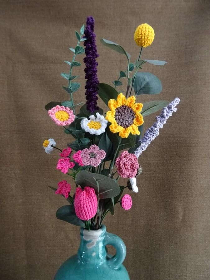 Knuffelsenzo Gehaakt veldboeket Roze Lavendel Veldboeket- Zonnebloem Roze Paars Kunstboeket Duurzaam Kunstbloemen Bureau Tafelboeket Roos Decoratie Sfeer Inrichting Feest Cadeau