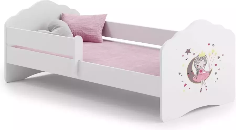Kiddosworld Kinderbed Fala 140x70 met grafische elementen voor kinderen en een balustrade inclusief matras en onderstel