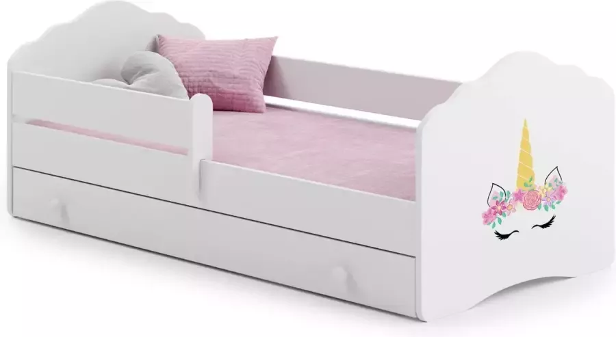 Kiddosworld Kinderbed Fala 140x70 met grafische elementen voor kinderen en een lade een railing een matras en een frame inbegrepen
