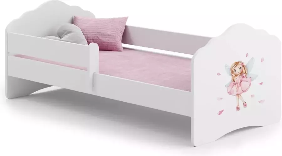 Kiddosworld Kinderbed Fala 160x80 met grafische elementen voor kinderen en een balustrade inclusief matras en onderstel