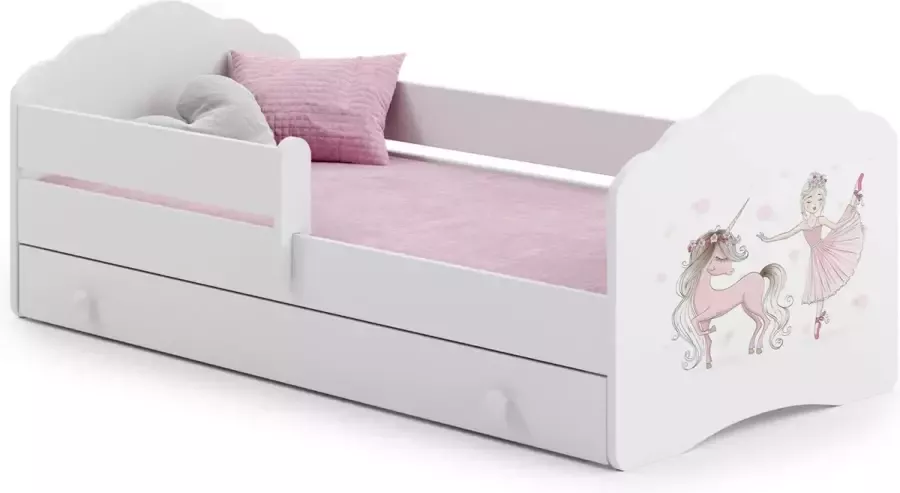Kiddosworld Kinderbed Fala 160x80 met grafische elementen voor kinderen en een lade een railing een matras en een frame inbegrepen