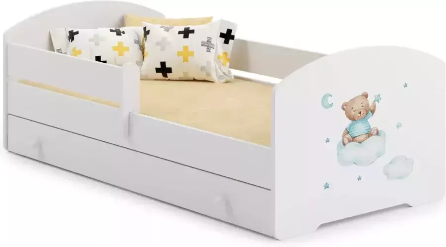 Kiddosworld Kinderbed Luk 140x70 met afbeeldingen voor kinderen en een lade railing matras en frame inbegrepen