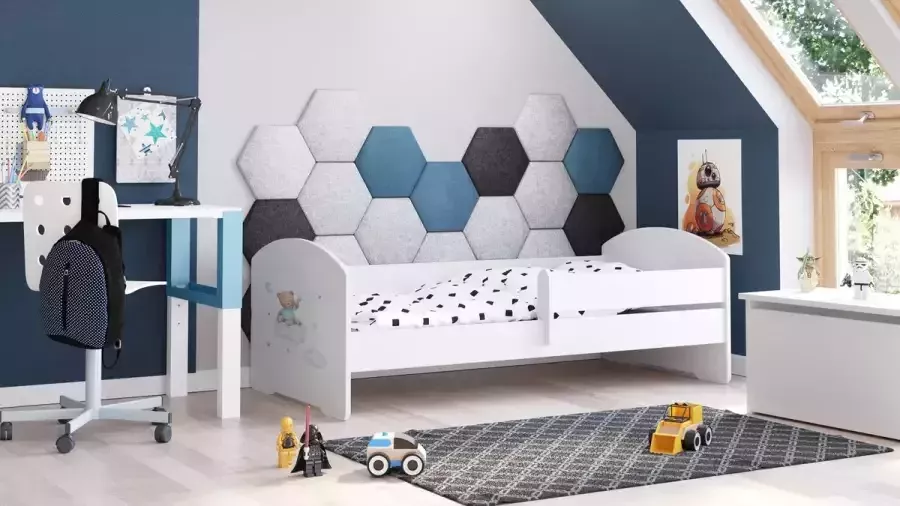 Kiddosworld Kinderbed Luk 140x70 met afbeeldingen voor kinderen en een railing matras en frame inbegrepen