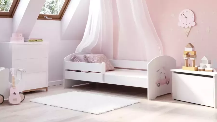 Kobi Kinderbed Luk 140x70 met grafische elementen voor kinderen en een balustrade inclusief matras en onderstel