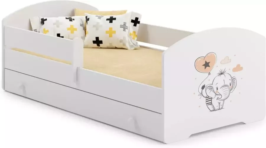 Kiddosworld Kinderbed Luk 140x70 met kinderafbeeldingen en een lade railing matras en frame inbegrepen