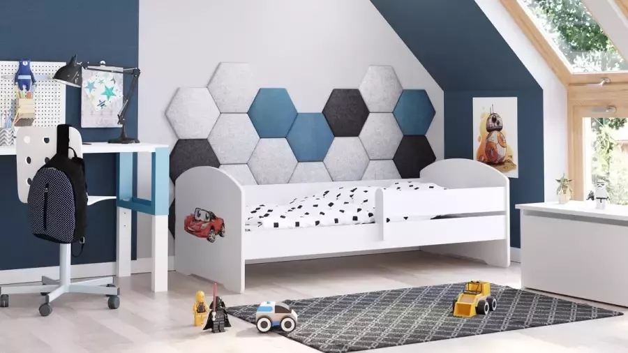 Kobi Kinderbed Luk 160x80 met grafische elementen voor kinderen en een balustrade inclusief matras en onderstel