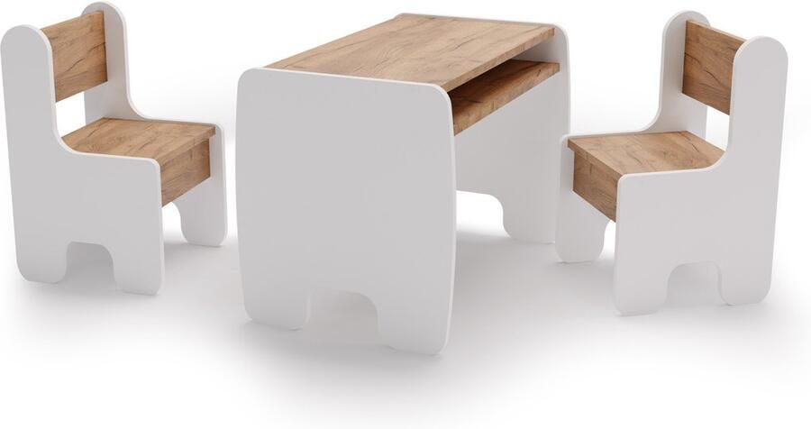 Kobi Set van kindertafel en twee kinderstoelen wit eiken craft goudkleur