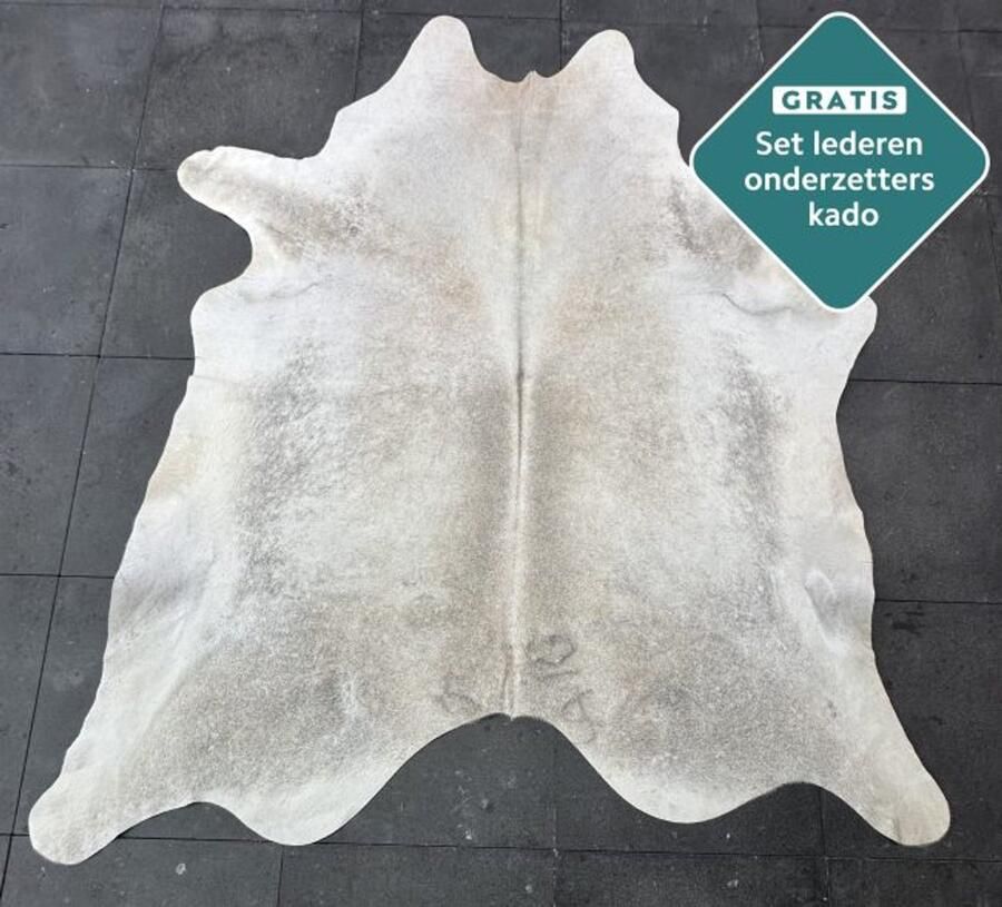 Koeienhuidkopen.nl GIGANTISCHE grijze koeienhuid vloerkleed 250x230 cm ENORM koeienkleed tapijt grijs koeienvel groot Taupe grijs XXXL dierenhuid dierenvel bruin koehuid tapijt