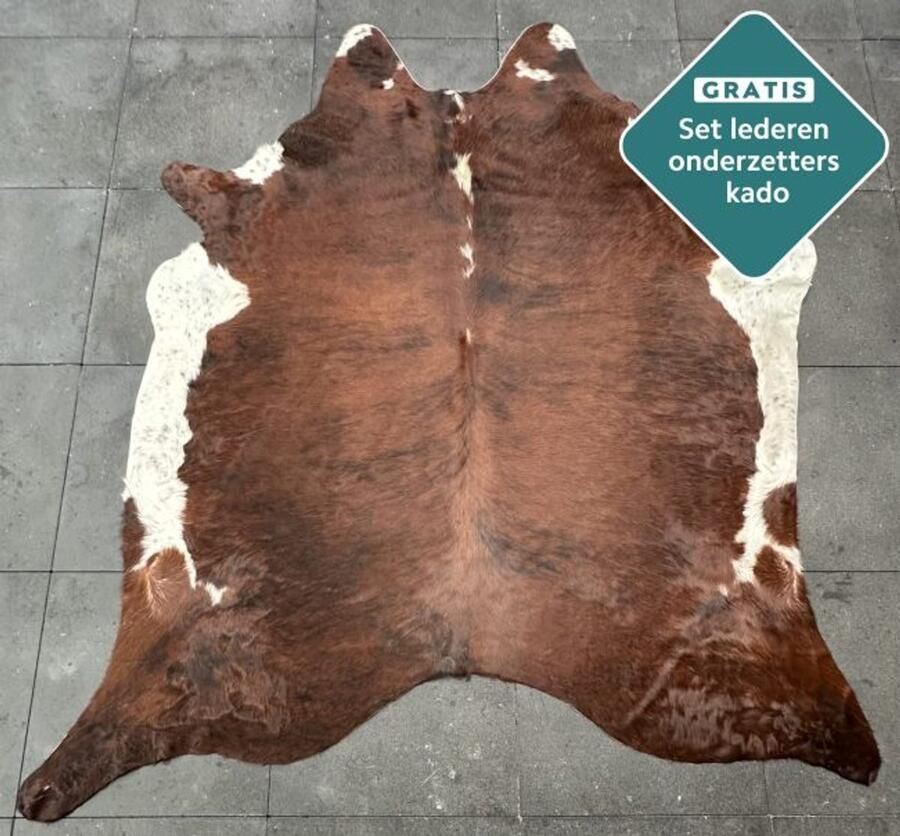 Koeienhuidkopen.nl GIGANTISCHE 245x220 cm roodbruine koeienhuid vloerkleed ENORM koeienkleed tapijt bruin-wit koeienvel groot bonte dierenhuid dierenvel bruin koehuid tapijt