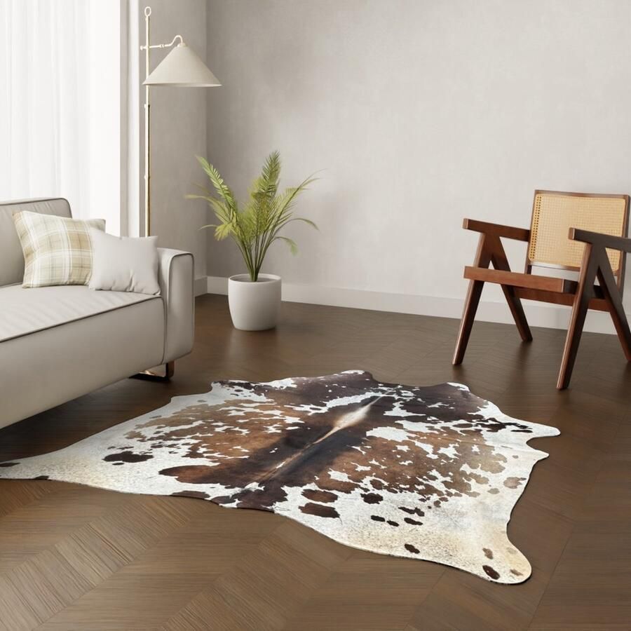 Koeienhuidkopen.nl Wit bruin bonte koeienhuid vloerkleed XL koehuid kleed gevlekt bruin wit koeienvel dierenhuid dierenvel vloer - Foto 2