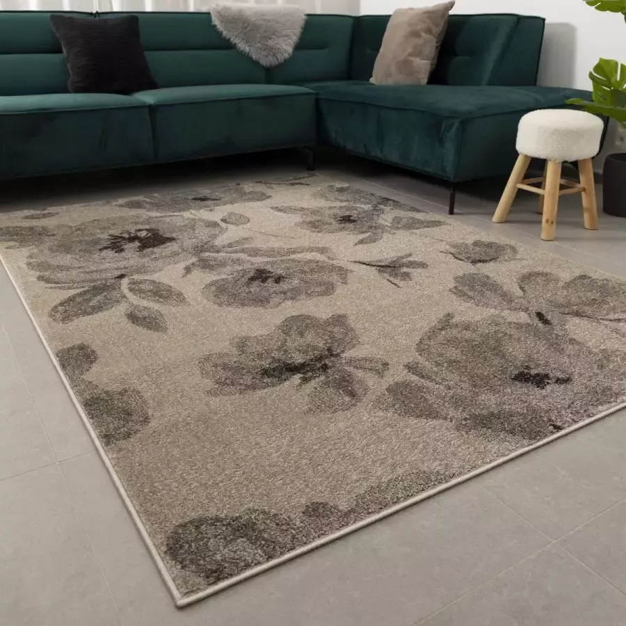 Koho Carpets Beige met Grijs Tapijt Laagpolig Vloerkleed Koho Belgian Design Bloemenpatroon 140x190cm- Modern Woonkamer Salon Slaapkamer Eetkamer