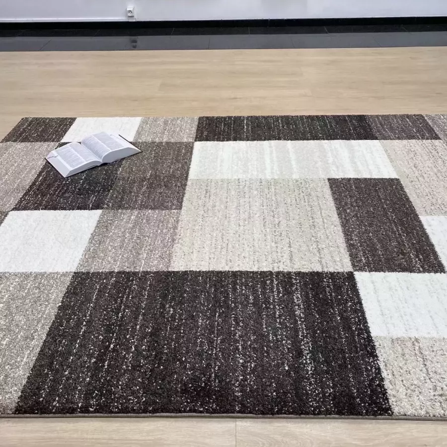 Koho Carpets Bruin Tapijt Dik Laagpolig Vloerkleed Koho Zen Premium Feeling Blokjes 120x170cm- Modern Woonkamer Salon Slaapkamer Eetkamer