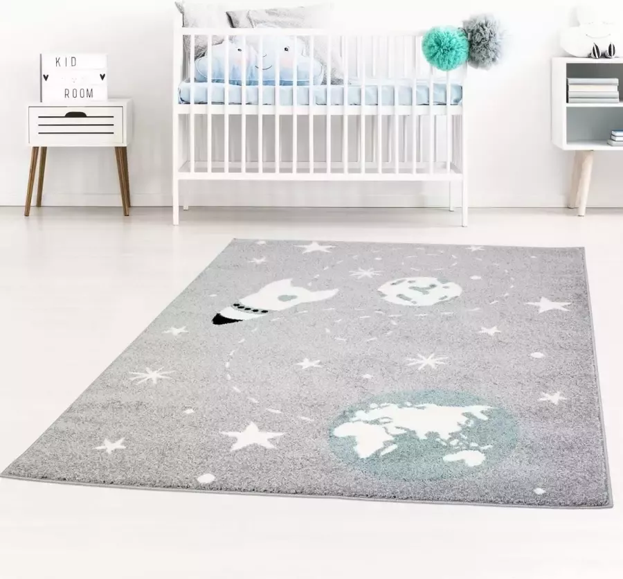 Koho Carpets Kindertapijt Koho Astronaut Grijs Vloerkleed 120x160- Kinderkamer Babykamer Baby Kids Jongens en Meisjes Kinderen