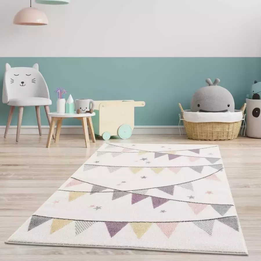 Koho Carpets Kindertapijt Koho Driehoekjes Crème Vloerkleed 120x160cm- Kinderkamer Babykamer Baby Kids Jongens en Meisjes Kinderen