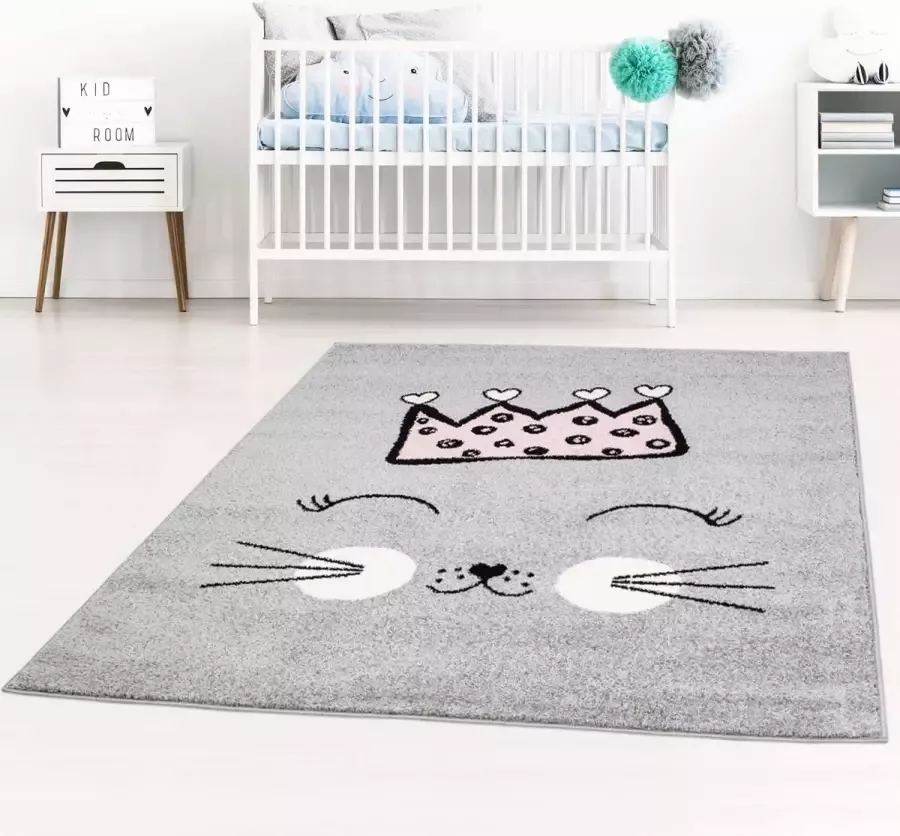 Koho Carpets Kindertapijt Koho Koning Katje Grijs Vloerkleed 140x200- Kinderkamer Babykamer Baby Kids Jongens en Meisjes Kinderen