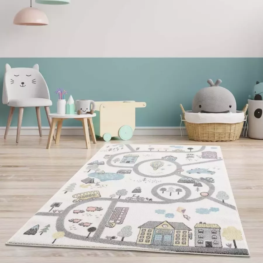 Koho Carpets Kindertapijt Koho Straatplezier Crème Vloerkleed 120x160cm- Kinderkamer Babykamer Baby Kids Jongens en Meisjes Kinderen