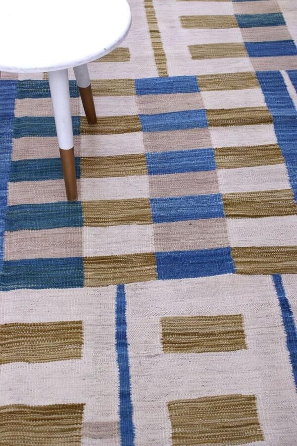 Koho Carpets Blauw Tapijt Laagpolig Handgeweven Wollen Vloerkleed Koho Afghan Modern Kelim 288x199 288x199cm- Modern Woonkamer Salon Slaapkamer Eetkamer