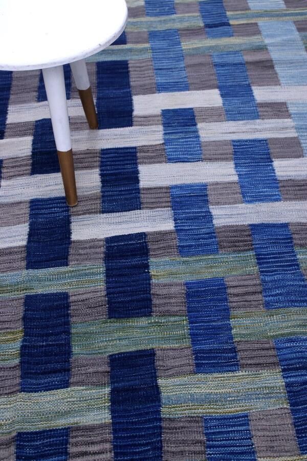 Koho Carpets Blauw Tapijt Laagpolig Handgeweven Wollen Vloerkleed Koho Afghan Modern Kelim 296x203 296x203cm- Modern Woonkamer Salon Slaapkamer Eetkamer