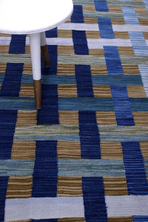 Koho Carpets Blauw Tapijt Laagpolig Handgeweven Wollen Vloerkleed Koho Afghan Modern Kelim 188x146 188x146cm- Modern Woonkamer Salon Slaapkamer Eetkamer