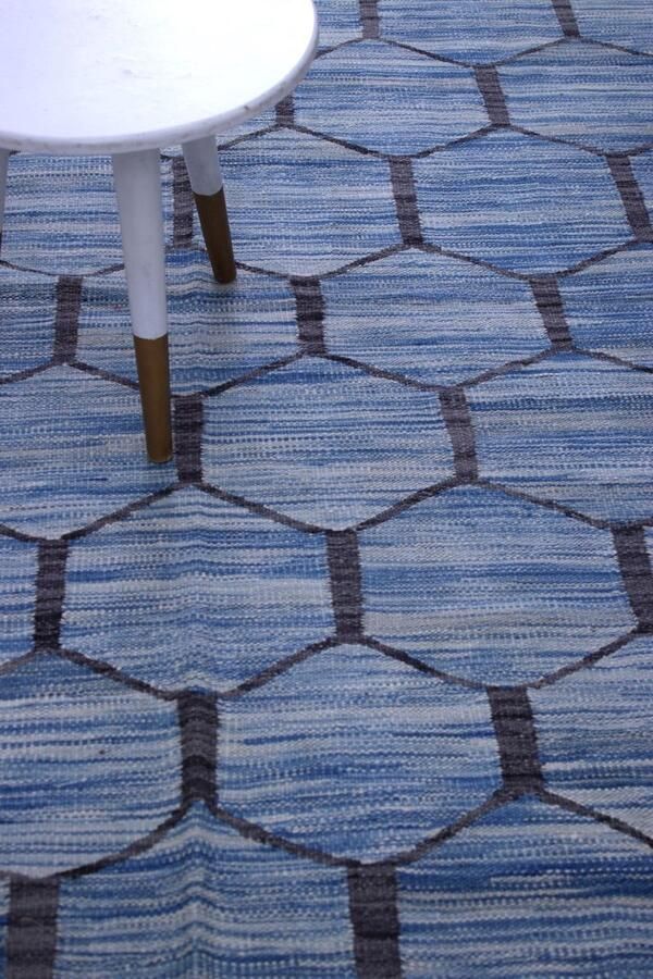 Koho Carpets Blauw Tapijt Laagpolig Handgeweven Wollen Vloerkleed Koho Afghan Modern Kelim 199x151 199x151cm- Modern Woonkamer Salon Slaapkamer Eetkamer